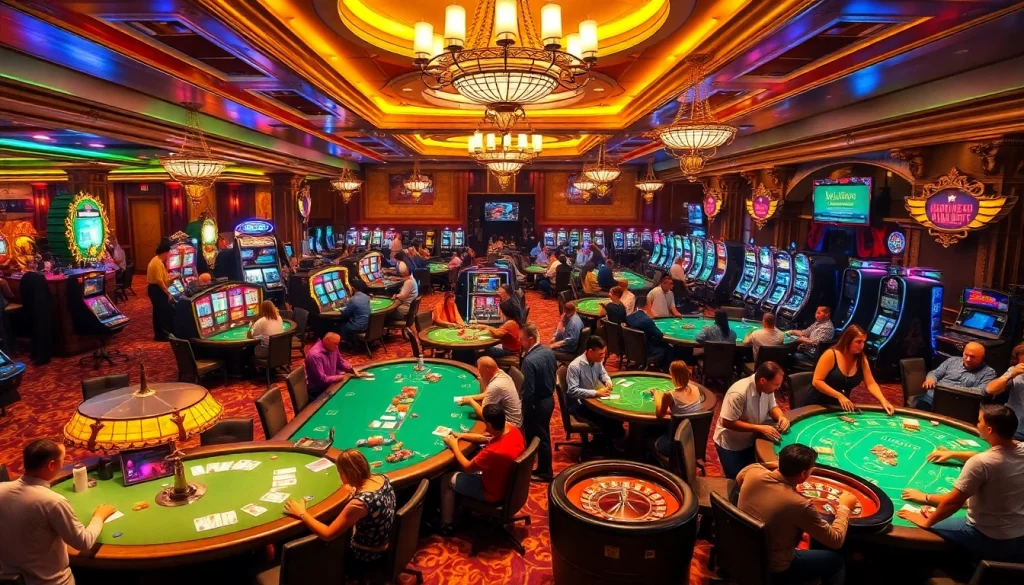 Exciting gaming action at https://sshbet.io/ casino with players at poker tables and slot machines.