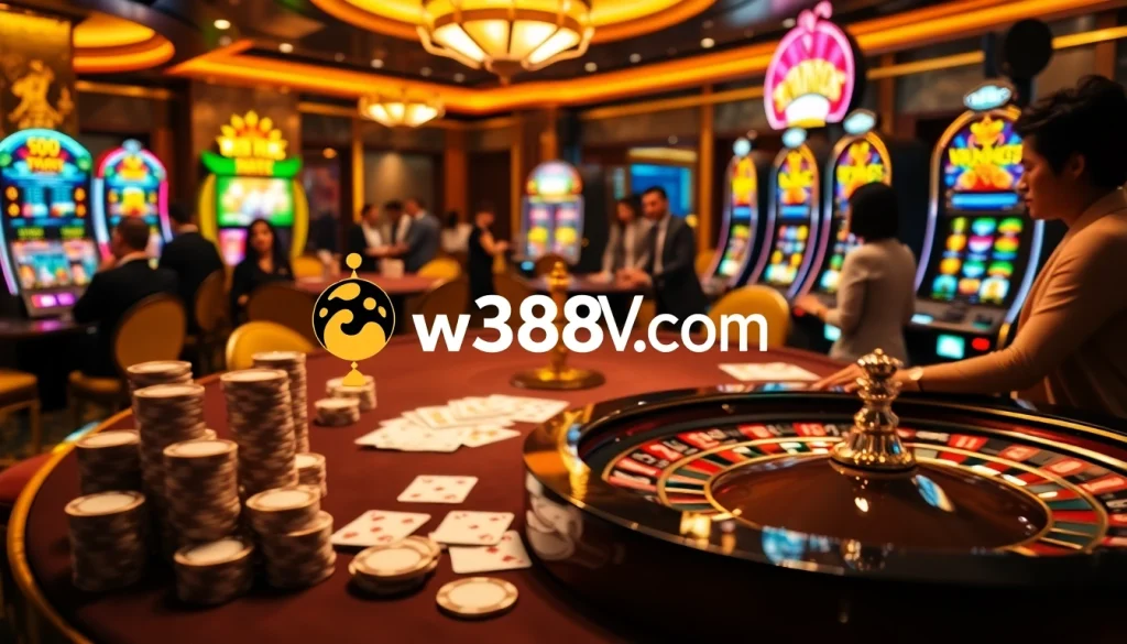 Experience thrilling bets at w388v.com with poker chips and roulette wheels in a vibrant casino.